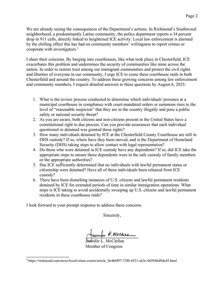 ICE’s courthouse raids in Chesterfield County and beyond do not make our communities safe. I sent a letter to DHS Secretary Noem and ICE Acting Director Lyons to demand answers.