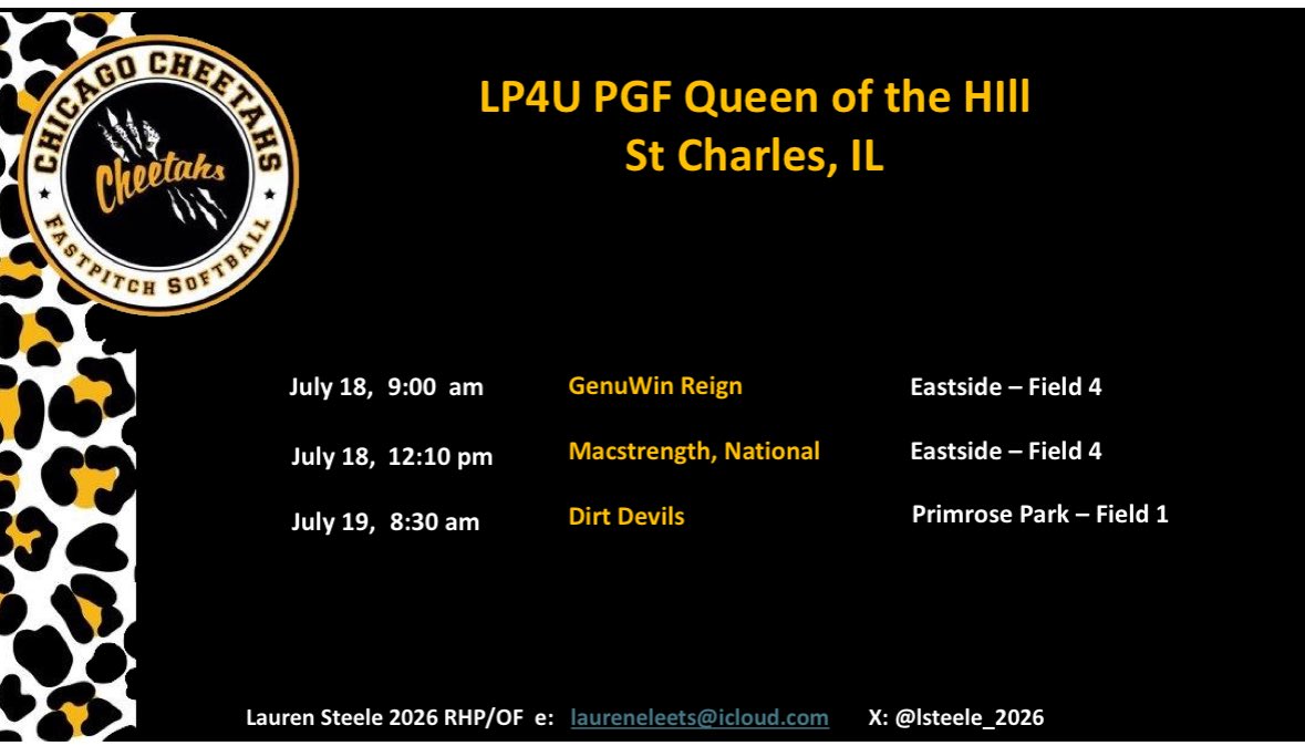 Queen of the Hill tourney this weekend! Come check us out!! 🐆 🥎 

<a href="/CheetahsD16U/">ChicagoCheetahsDonnelly</a> <a href="/TuftsSoftball/">Tufts Softball</a> <a href="/CoachEbs/">Lauren Ebstein</a> <a href="/EmorySoftball/">Emory Softball</a> <a href="/Coach_India_C/">Coach India (Chiles) / SlapperNation</a> <a href="/Coach_KatieG/">Katie Griffith</a> <a href="/HoyaSoftball/">Georgetown Softball</a> <a href="/FordhamSoftball/">Fordham Softball</a> <a href="/CoachInouye/">Melissa Inouye</a> <a href="/IlliniSB/">Illinois Softball</a> <a href="/TyraPerry13/">Tyra Perry</a> <a href="/BadgerHealy/">BadgerCoachHealy</a> <a href="/BadgerSoftball/">Wisconsin Softball</a> <a href="/PUSoftball/">Princeton Softball</a> <a href="/Penn_Softball/">Penn Softball</a>
