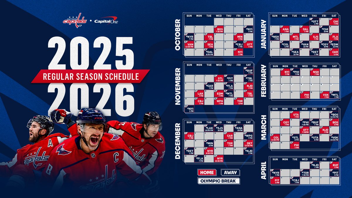 Capitals's tweet image. The 2025-26 Regular Season Schedule is here!
Details: washca.ps/2526Schedule
#ALLCAPS | @CapitalOne