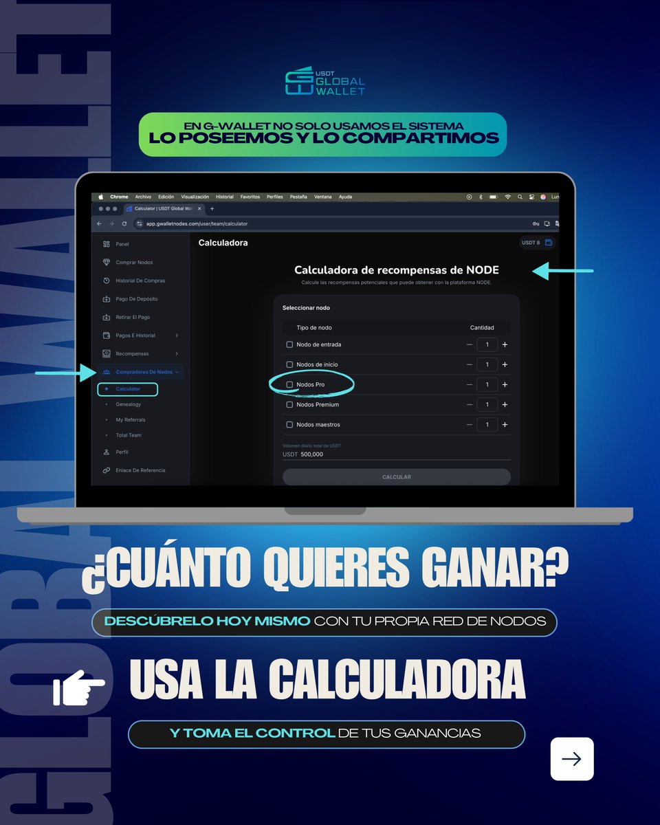 usdtglobal's tweet image. 🔢 ¡Calcula tus ganancias!

La calculadora de nodos de G-Wallet ya está activa.
Descubre cuánto puedes ganar con cada transacción.

Convierte cada movimiento en ingreso pasivo.

🔗 gwalletnodes.com
📱 linktr.ee/Gwallet

#GWallet #CriptoLatam #IngresosPasivos