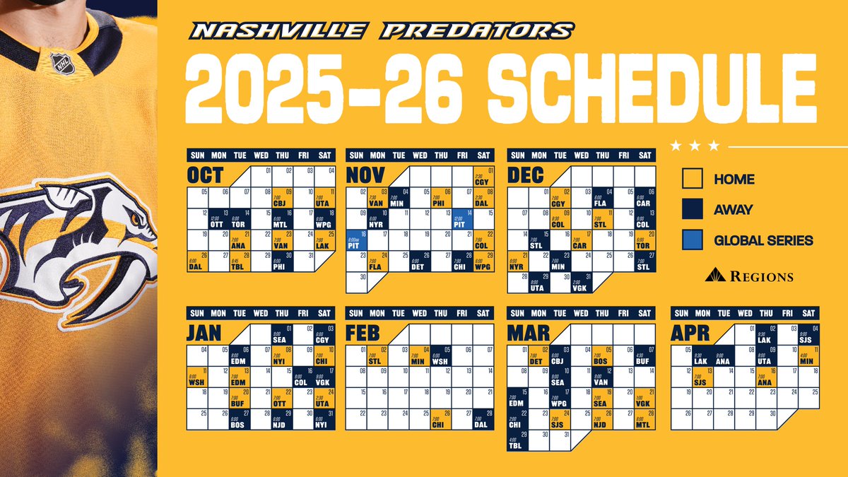 brooksbratten's tweet image. It's time.
The 2025-26 #Preds regular-season schedule is here --> preds.club/3IvNqaQ