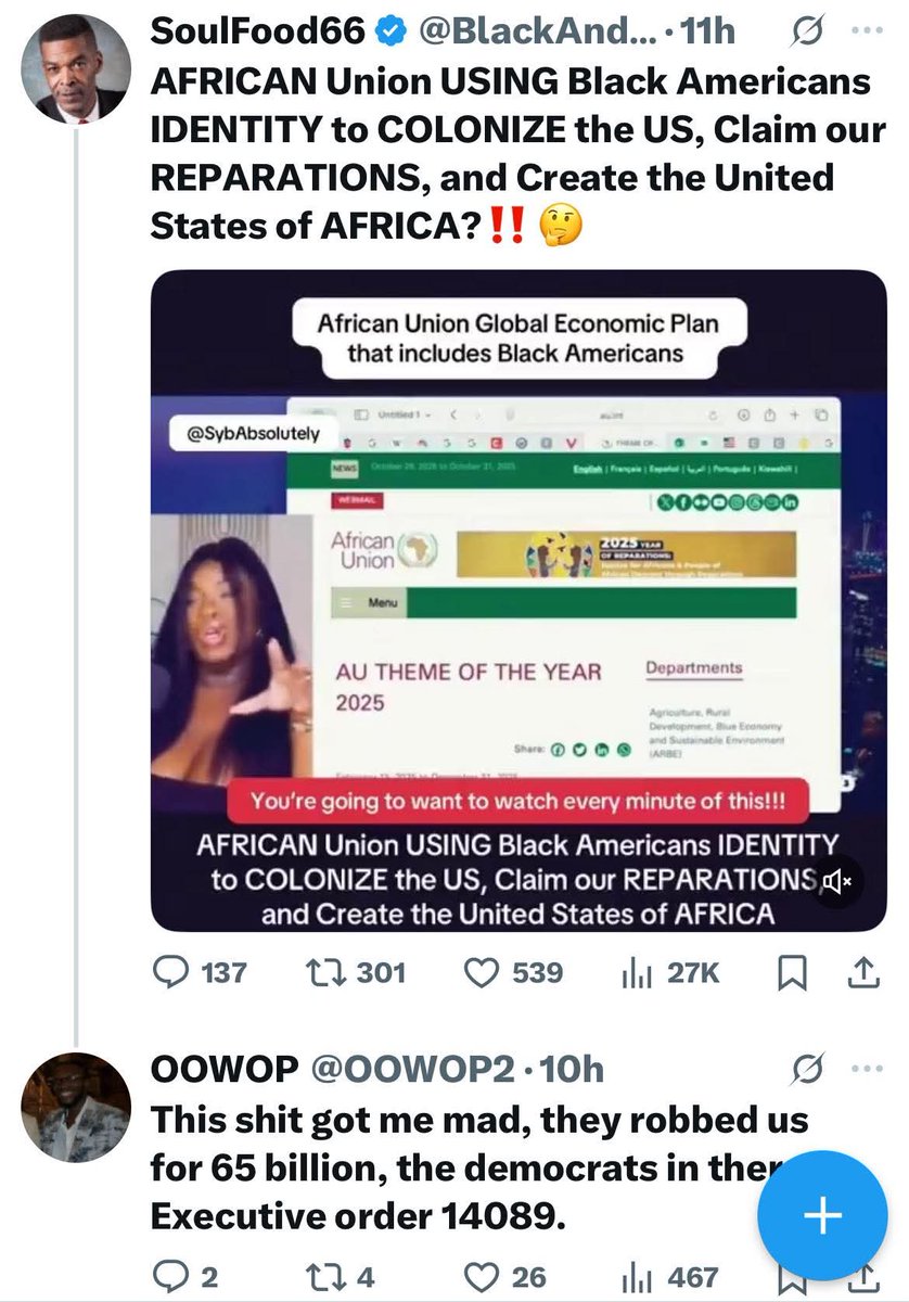 BREAKING!! it is come to our attention that the African union has deceptively used our identity and our Reparations claim to extort money from the United States. How do you feel about this? Feels like triple dipping to me. First they sell us then they immigrate here and now