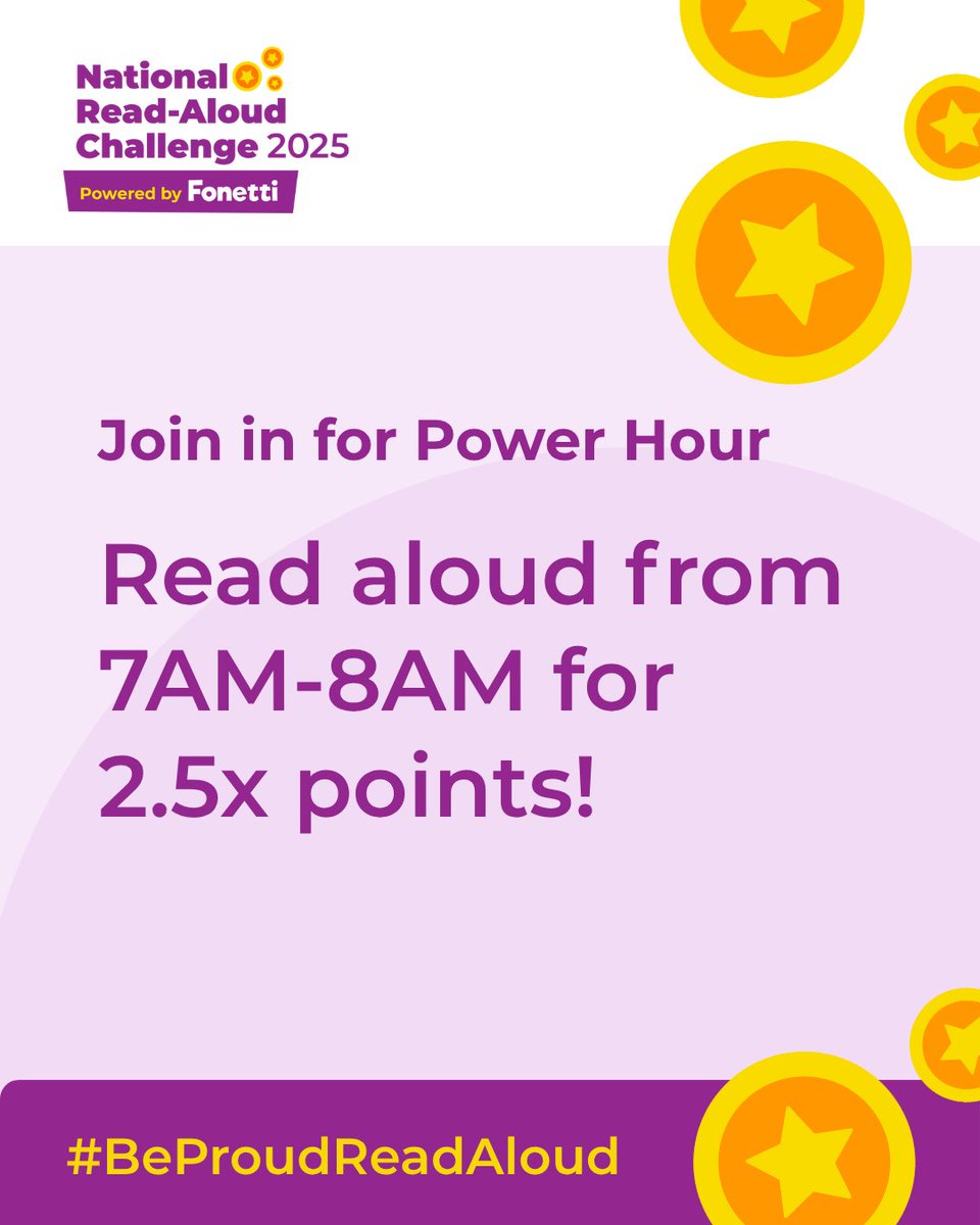 Tomorrow's Power Hour is an early one!

📖Children across the UK taking part in this summer's #NationalReadAloudChallenge will earn bonus points in the competition IF they read tomorrow morning between 7AM - 8AM.

#BeProudReadAloud #UKReadAloud