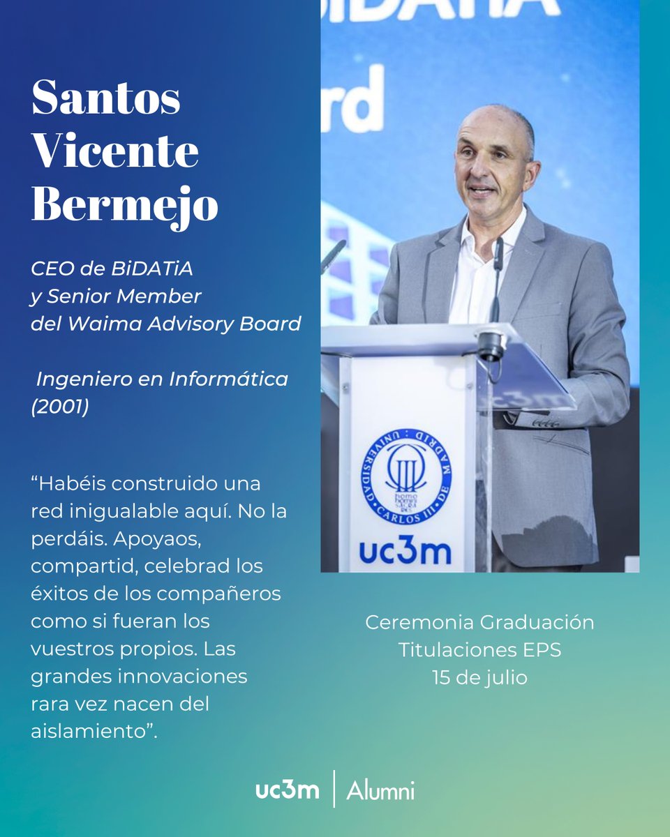alumniUC3M's tweet image. 🎓 Nuestro #AlumniUC3M Santos Vicente Bermejo, Ingeniero en Informática por la UC3M en 2001, participó el 15 de julio en la Ceremonia de Graduación de las titulaciones de la Escuela Politécnica Superior.
¡Bienvenid@s a la comunidad #AlumniUC3M!💙