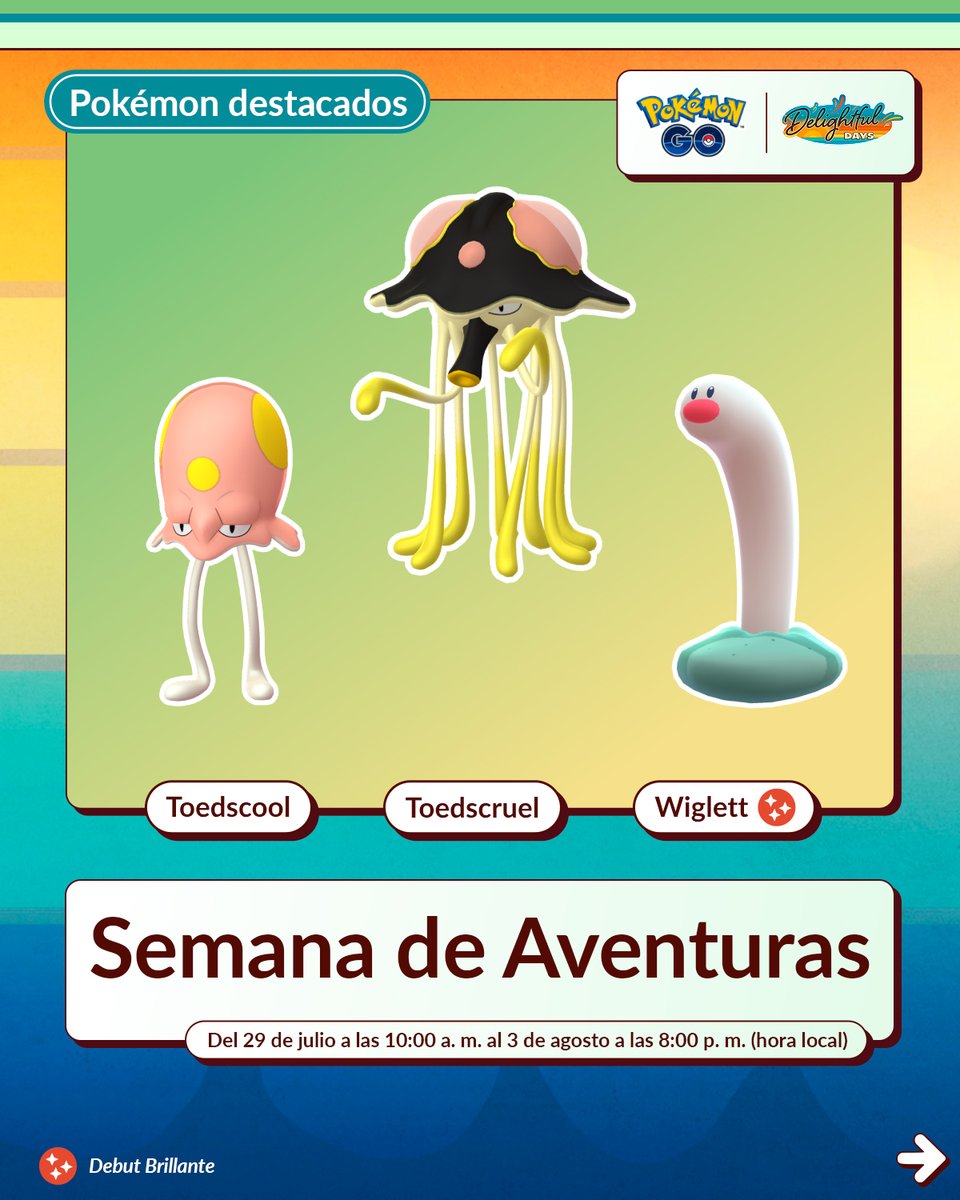 PokemonGoAppLA's tweet image. ¡La Semana de aventuras vuelve con el debut de Toedscool y su evolución, Toedscruel, en #PokemonGO! ¡Disfruten de estas bonificaciones en el evento!
Desde el 29 de julio, a las 10:00, hasta el 3 de agosto, a las 20:00 (hora local)
pokemongolive.com/post/adventure…