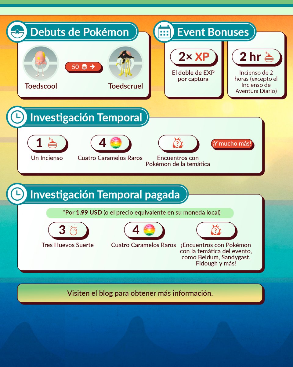 PokemonGoAppLA's tweet image. ¡La Semana de aventuras vuelve con el debut de Toedscool y su evolución, Toedscruel, en #PokemonGO! ¡Disfruten de estas bonificaciones en el evento!
Desde el 29 de julio, a las 10:00, hasta el 3 de agosto, a las 20:00 (hora local)
pokemongolive.com/post/adventure…