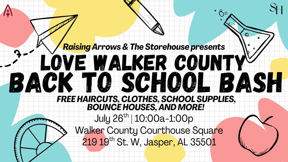 storehousejaspr's tweet photo. 🎒 Back to School Bash | Friday, July 26
Presented by The Storehouse & Raising Arrows

We’re teaming up with 20+ local partners to bless families across Walker County before the new school year kicks off.

📍 Walker County Courthouse Square
🕙 10:00 AM – 1:00 PM

Free haircuts, clothes, school supplies, bounce houses, and more—this is about serving our city and loving people well.

Invite a family. Bring a friend. Let’s show up for our community.