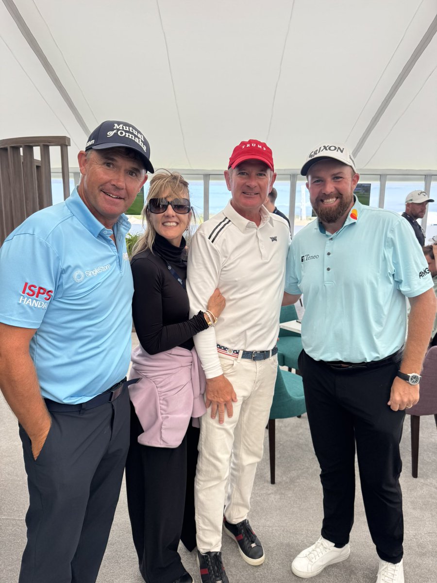 USAmbIreland's tweet image. Good catching up with @brysondech and two of Ireland’s greatest @padraigharrington & @ShaneLowryGolf today. Excited for this weekend! 🇮🇪🇺🇸 @theopen