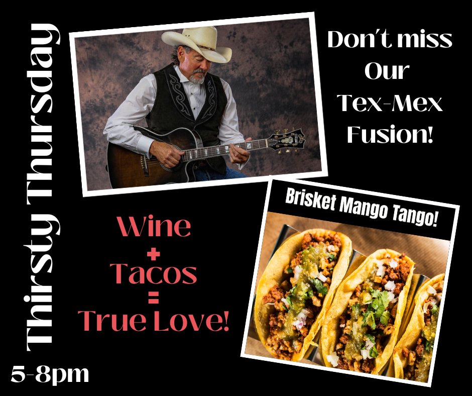 Thirsty Thursday is back! 🍷🌮
Live music with Dave Alexander 5–8pm, plus our featured flavor:
Tex-Mex Fusion: Brisket-Mango Tacos 🤤
Wine + tacos = true love 💘
Bring your taste buds and your dancing shoes!
