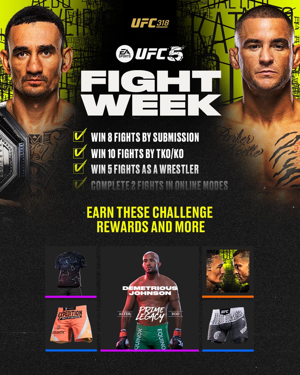 EASPORTSUFC's tweet image. #UFC318 FIGHT WEEK IS HERE🗣️
Unlock your rewards 🔓including the new Prime Legacy DJ Alter Ego 🐭 💥