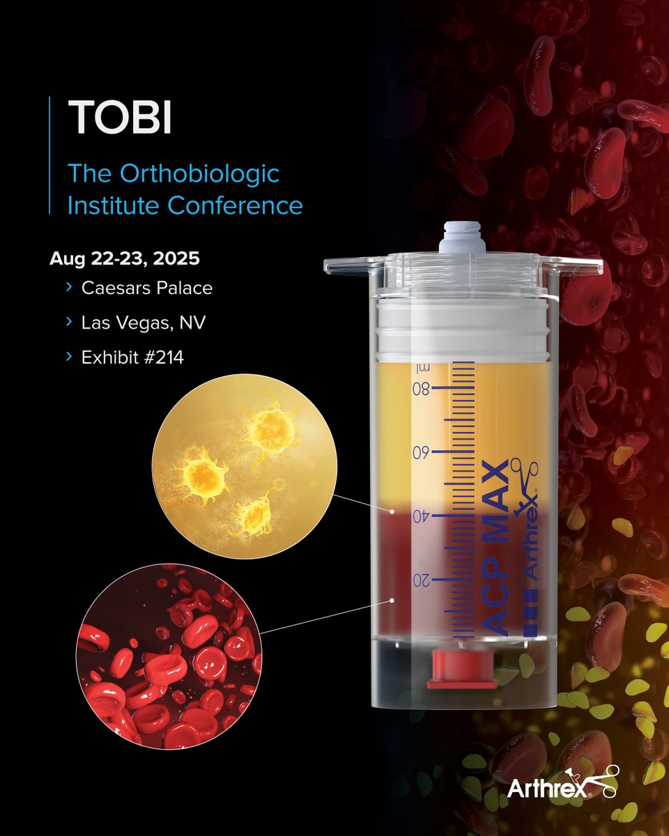 ArthrexMedEd's tweet image. Attending The Orthobiologic Institute (TOBI) Conference on August 22-23? Visit #Arthrex at Exhibit #214 to explore our latest innovations and vast portfolio of cellular products that seamlessly integrate into your practice.
Learn more about Arthrex Orthobiolgics:…