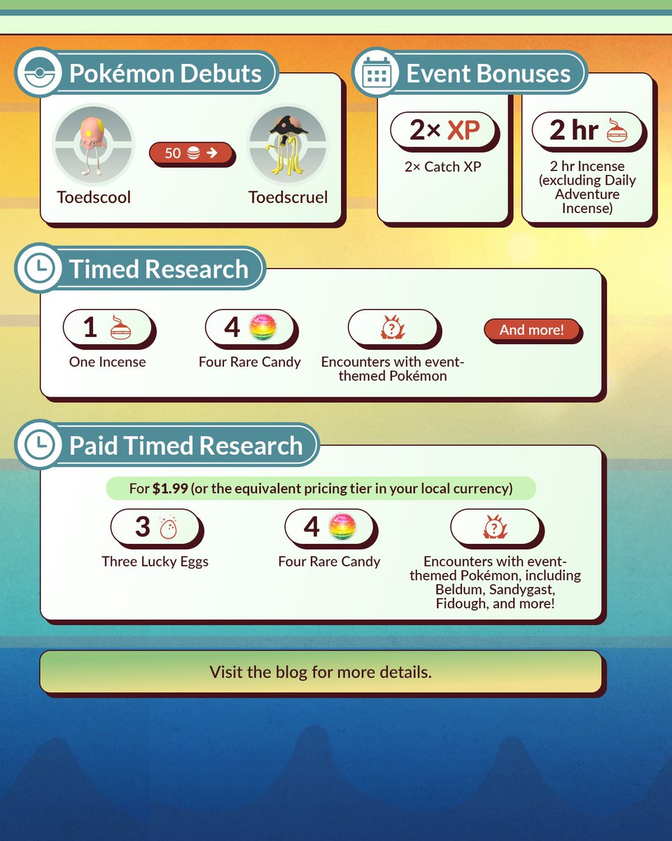 Adventure Week returns with Toedscool and its Evolution, Toedscruel, making their #PokemonGO debuts! Enjoy event bonuses including 2× XP for catching Pokémon and 2× Incense duration!

July 29 at 10:00 a.m. to August 3 at 8:00 p.m. local time
pokemongolive.com/post/adventure…
