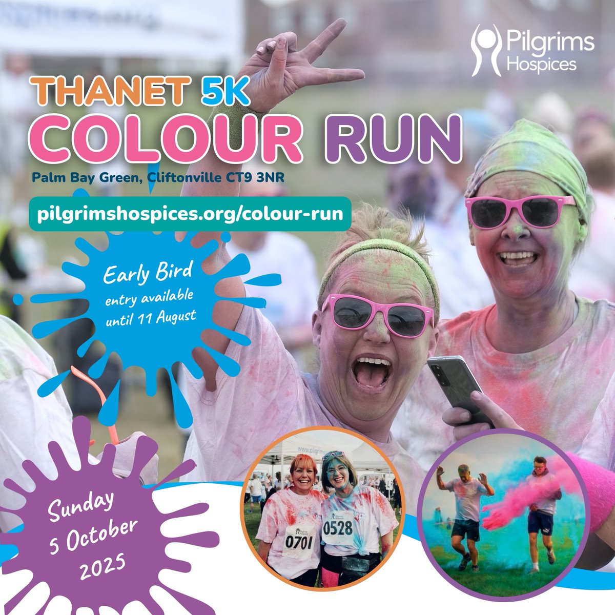 Our #ThanetColourRun returns on Sunday 5 October! Early Bird entry is available until 11 August. Sign up today: pilgrimshospices.org/colour-run 🌈 ✨ 💙