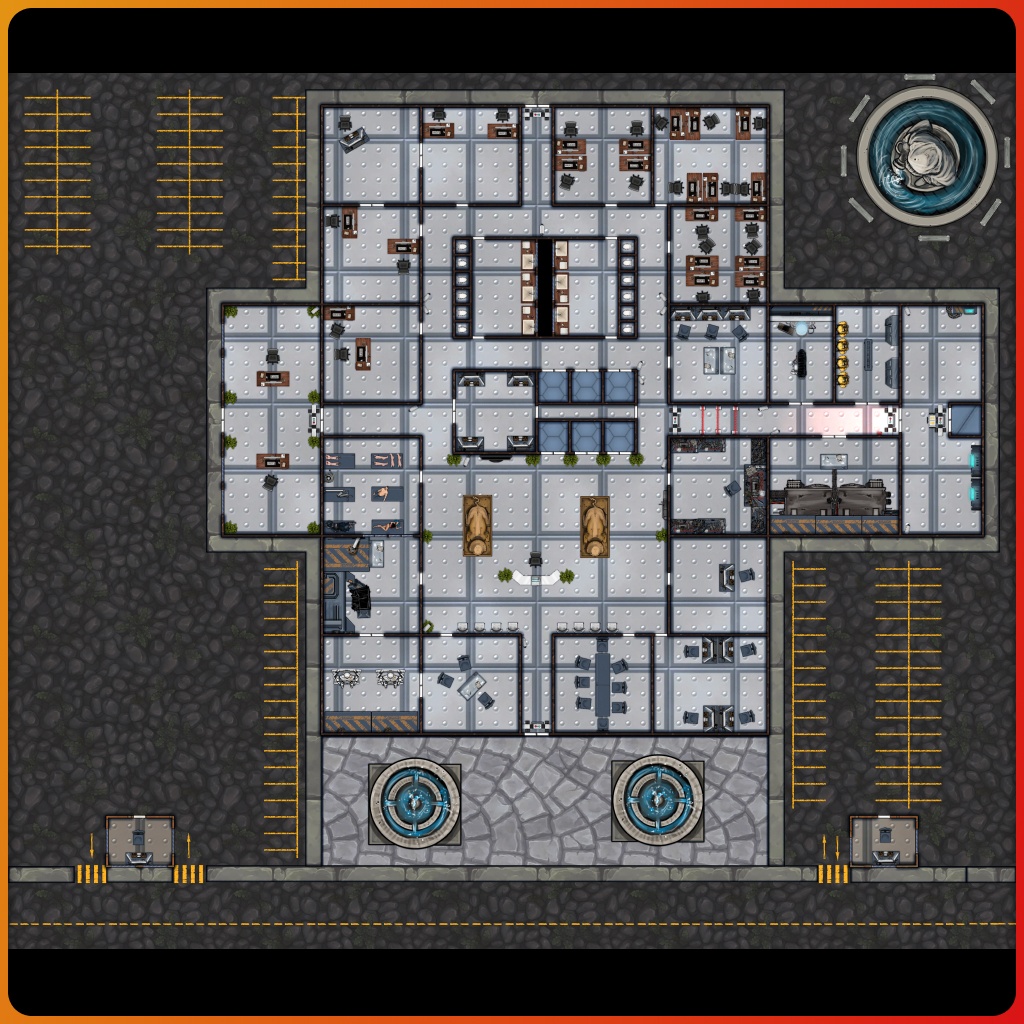 🗺️ "Sci-Fi R&amp;D Building" by x8xid82

The map contains first floor and basement level of a high tech R&amp;D building that's cooking up something secret in the basement...

Download this map for free 
dungeonfog.com/hub/u/rpgxstud…

#dungeonmaster #rpg #battlemap #maps #cyberpunk #shadowrun