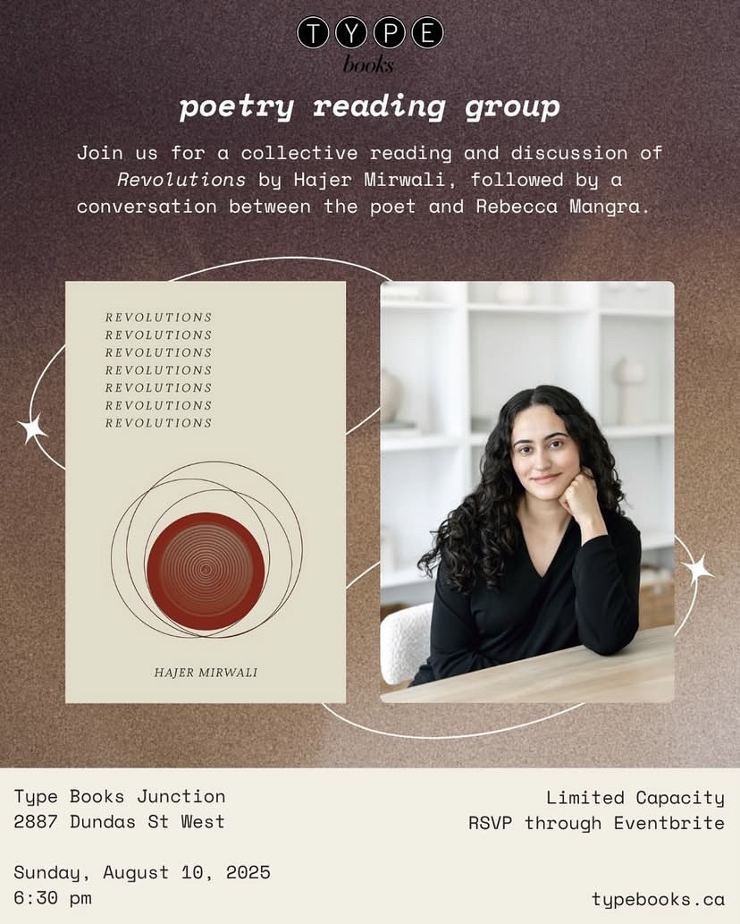 Talonbooks's tweet image. On August 10, head to Type Books in the Junction for a reading and Q&A with Hajer Mirwali, author of Revolutions! Space is limited, so be sure to RSVP!
eventbrite.ca/e/poetry-readi…