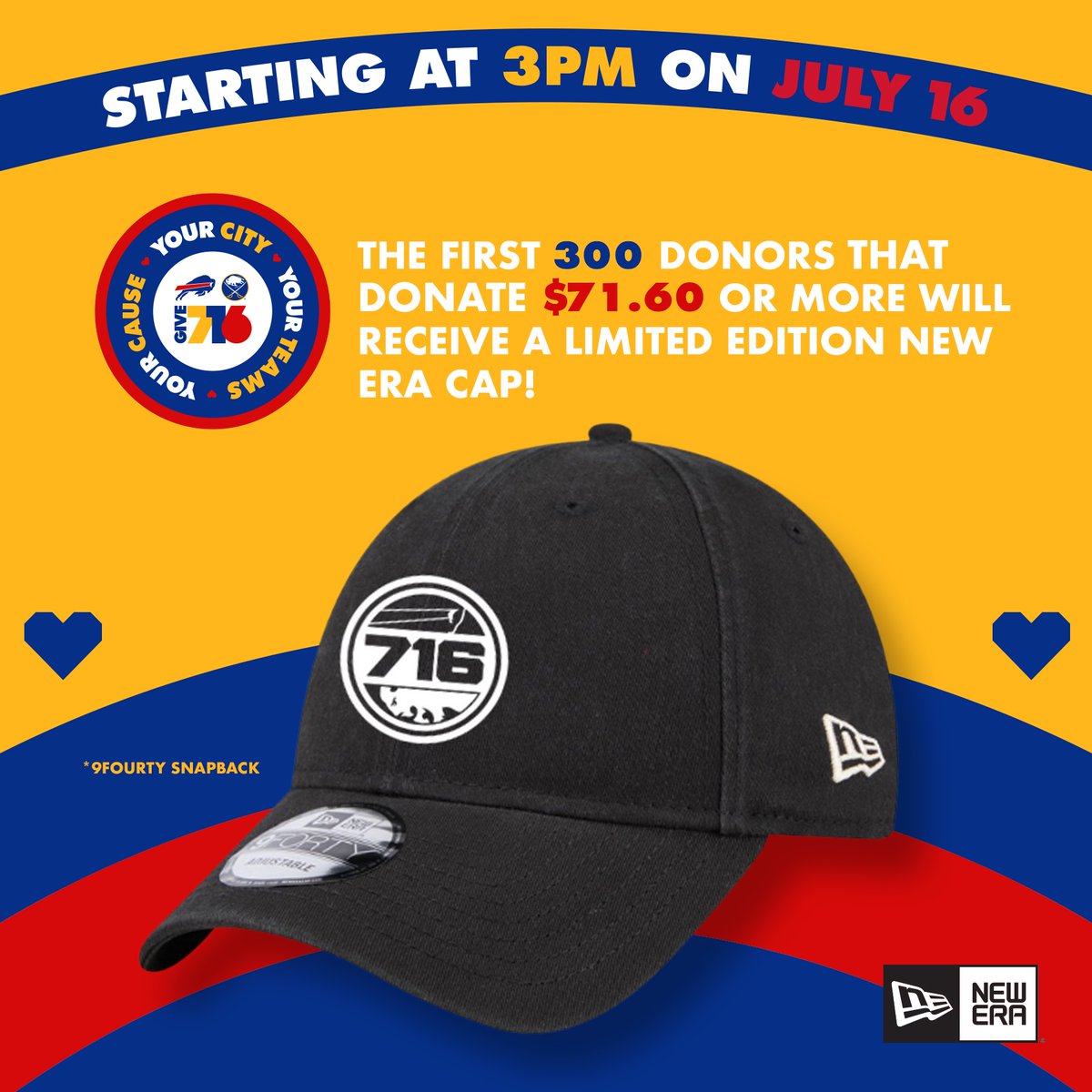 1-2pm donations matched by M&amp;T Bank up to $500. 
2-3pm first 100 donors giving $50+ will receive tickets to local art institutions. 
3-4pm first 300 donors who give $71.60+ will get a lmtd edition New Era cap with both the Bills and Sabres logos. 
give716.org/give/give716/g… #give716