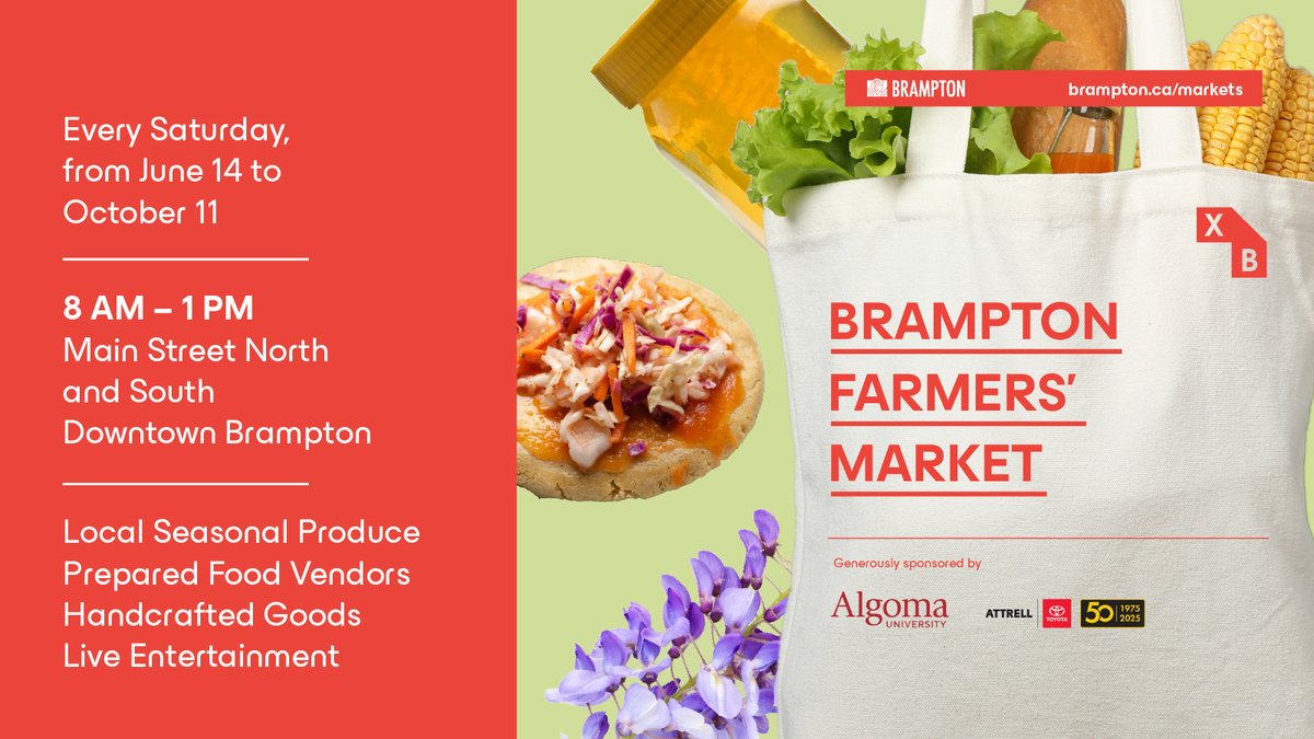 Brighten up your weekend with a bouquet of fresh blooms from the #BramptonFarmersMarket! 💐 

Find us on Main Street in Downtown Brampton. The market runs until 1 pm!  

Thank you to our generous sponsors @algomaU and @attrelltoyota. 

Learn more 🔗: brampton.ca/markets