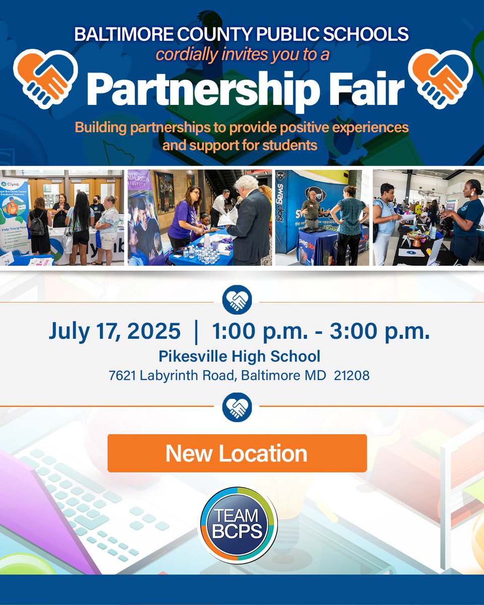 BaltCoPS's tweet image. 📢Due to a facilities issue at New Town High School, the BCPS Partnership Fair, scheduled for Thursday, July 17, 2025, will now be held at Pikesville High School, located at 7621 Labyrinth Road, Baltimore MD 21208. The time of the event will remain as scheduled from 1 – 3 p.m.
