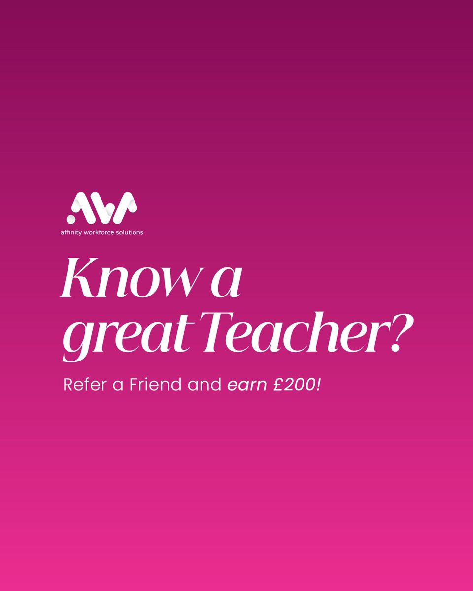 🎉 Know a Great Teacher? Earn £200! 🎉

Help us find passionate Teachers! Refer a friend to Affinity Workforce, and when they’re placed, you’ll receive a £200 referral bonus.

🔗 Make your referral today: bit.ly/4llCPh7

#TeachingJobs #ReferAFriend #AffinityWorkforce