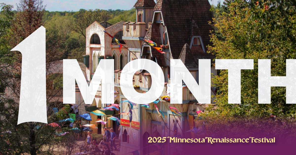 The countdown begins! In just 1 month, the Festival awakens with knights, nobles, and nonstop adventure. Join us starting August 16th for daring feats, enchanting performances, and magical markets!

#MnRenaissanceFestival #OnlyAtMNRF #Huzzah
