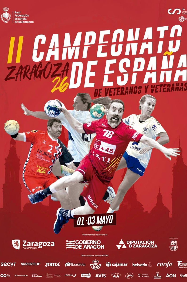 Fed. Aragonesa de Balonmano (@farbm_com) on Twitter photo 🤩 Os presentamos el cartel del Campeonato de España de Veteranos y Veteranas 2026
📌 Zaragoza
📅 del 1 al 3 de mayo de 2026
▶️ <a href="/zaragoza_es/">AyuntamientoZaragoza</a> | <a href="/DPZaragoza/">Diputación de Zaragoza</a> | <a href="/GobAragon/">Gobierno de Aragón</a>
#⃣ #CDEBalonmanoVeteranos 🤩 Os presentamos el cartel del Campeonato de España de Veteranos y Veteranas 2026
📌 Zaragoza
📅 del 1 al 3 de mayo de 2026
▶️ <a href="/zaragoza_es/">AyuntamientoZaragoza</a> | <a href="/DPZaragoza/">Diputación de Zaragoza</a> | <a href="/GobAragon/">Gobierno de Aragón</a>
#⃣ #CDEBalonmanoVeteranos