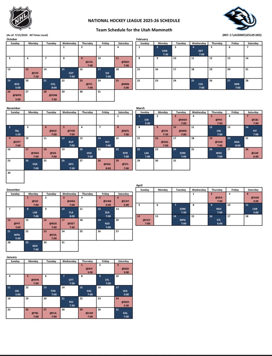 Your 2025-26 Utah Mammoth schedule.