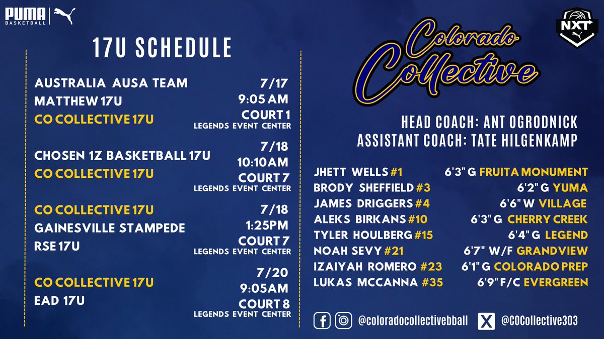 Colorado Collective Basketball (@cocollective303) on Twitter photo Colorado Collective 17U - Live Period Schedule
College coaches come check us out! This whole roster can play at the next level.
📍Bryan, TX (Pro16 Finals)
Let’s work fellas!
<a href="/Noah_Sevy/">Noah Sevy</a>
<a href="/IzaiyahRomero/">Izaiyah Romero</a>
<a href="/jhettwells3/">Jhett Wells</a>
<a href="/LukasMcCanna55/">Lukas McCanna</a>
<a href="/JamesDriggers26/">James Driggers</a>
<a href="/brody_shef3/">Brody Sheffield</a> Colorado Collective 17U - Live Period Schedule
College coaches come check us out! This whole roster can play at the next level.
📍Bryan, TX (Pro16 Finals)
Let’s work fellas!
<a href="/Noah_Sevy/">Noah Sevy</a>
<a href="/IzaiyahRomero/">Izaiyah Romero</a>
<a href="/jhettwells3/">Jhett Wells</a>
<a href="/LukasMcCanna55/">Lukas McCanna</a>
<a href="/JamesDriggers26/">James Driggers</a>
<a href="/brody_shef3/">Brody Sheffield</a>