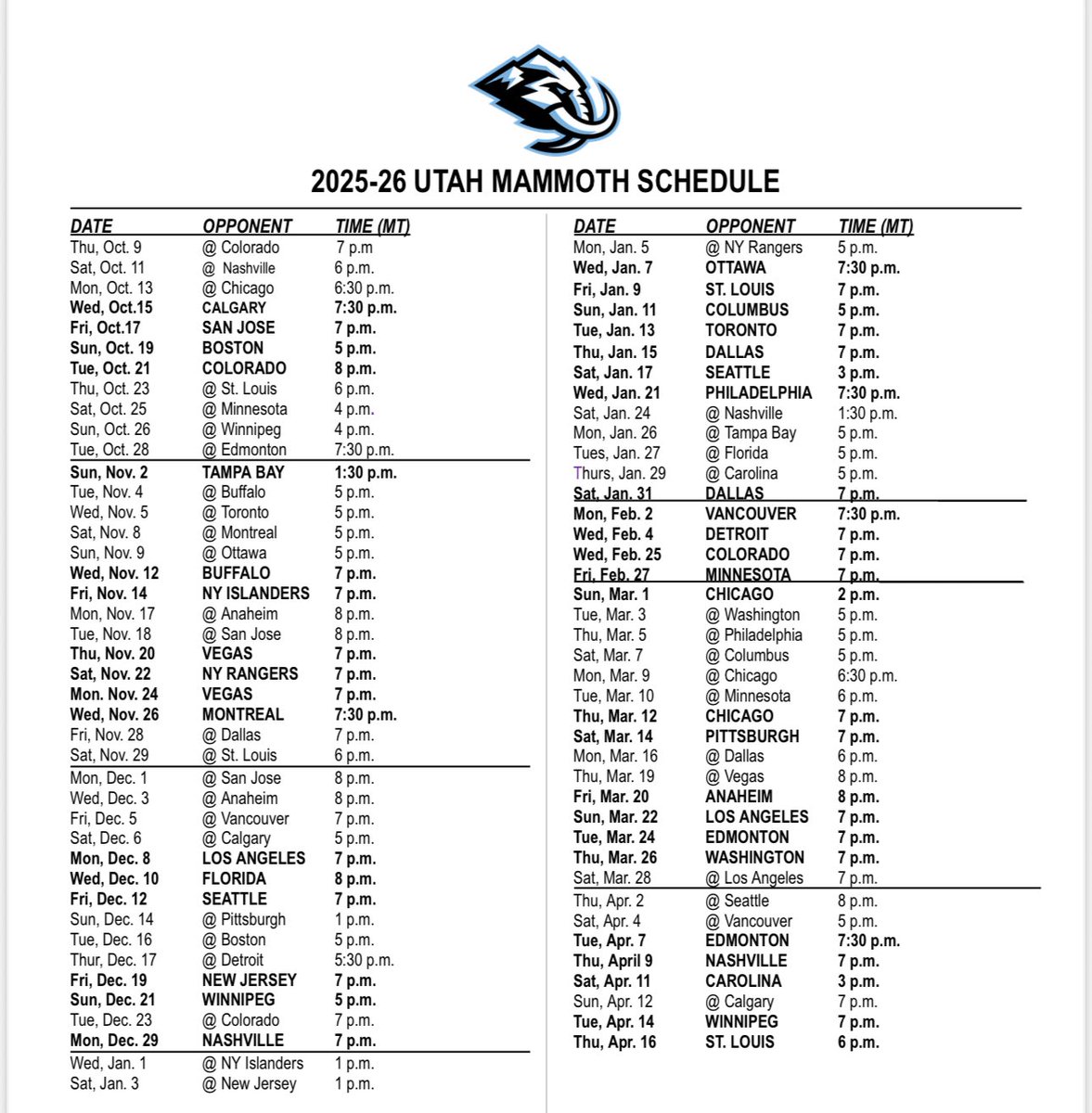 Another look at the 2025-26 Mammoth schedule.