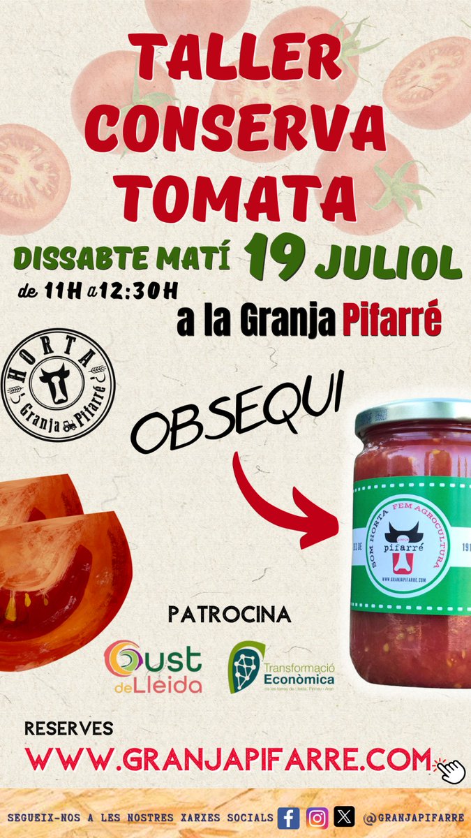 Joan Pifarré i Vidal (@joanpifa) on Twitter photo Experiència agrocultural aquest dissabte 19 a les 11h a <a href="/granjapifarre/">GRANJA PIFARRÉ</a> ...amb obsequi d'un pot de conserva i un vermut final.
Més informació a: granjapifarre.com/taller-tradici…
Som Horta i fem #agrocultura!
Amb <a href="/Promo_Economica/">Patronat de Promoció Econòmica Diputació de Lleida</a> <a href="/turismedelleida/">Lleida Turisme</a> Experiència agrocultural aquest dissabte 19 a les 11h a <a href="/granjapifarre/">GRANJA PIFARRÉ</a> ...amb obsequi d'un pot de conserva i un vermut final.
Més informació a: granjapifarre.com/taller-tradici…
Som Horta i fem #agrocultura!
Amb <a href="/Promo_Economica/">Patronat de Promoció Econòmica Diputació de Lleida</a> <a href="/turismedelleida/">Lleida Turisme</a>