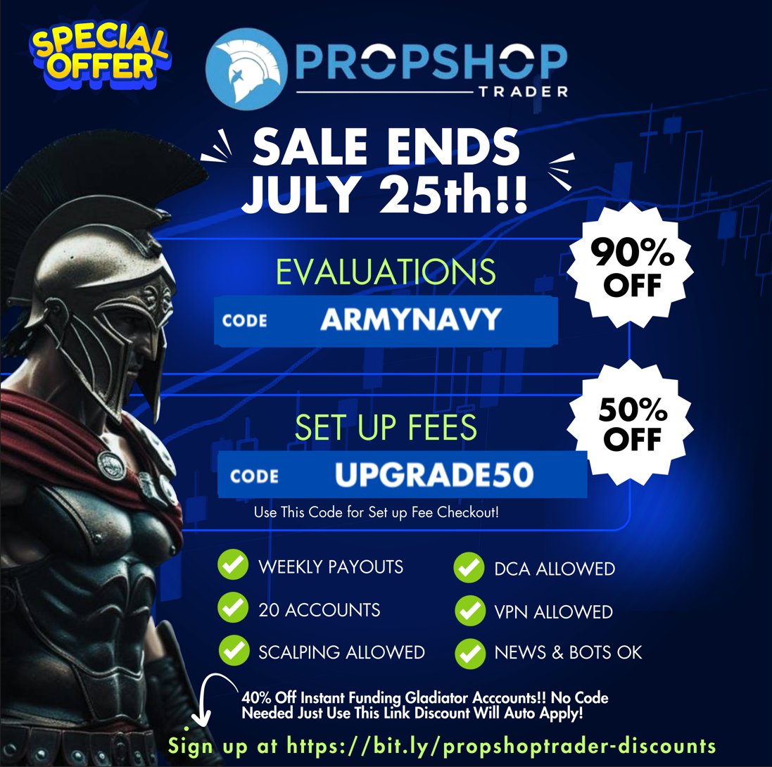 Kellyanntrades's tweet photo. PropShop dropped a new promo for 90% Off Warrior Evals and 50% Off Set up Fees!!  I am trading 10 Funded accounts here :-)

🆓⬇️⬇️⬇️🆓
Let's kick this off with another giveaway!!  Retweet to be entered to win a free Warrior account! 🥳🥳

Note:  Trading is a risk so please manage your risk with ALL Props responsibly. 

https://t.co/MASQ67znda