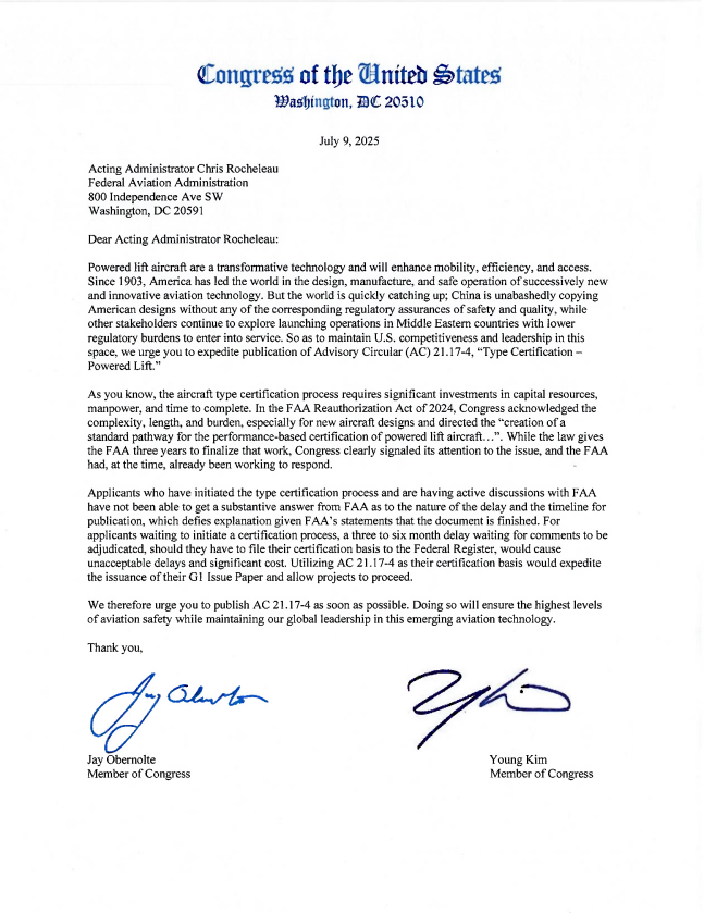 JayObernolte's tweet image. Powered lift aircraft are the future of transportation—and America should lead the way. I’m urging the FAA to issue long-overdue certification guidance to help the U.S. stay ahead of competitors like China and bring advanced air mobility to market safely and swiftly. We can’t…