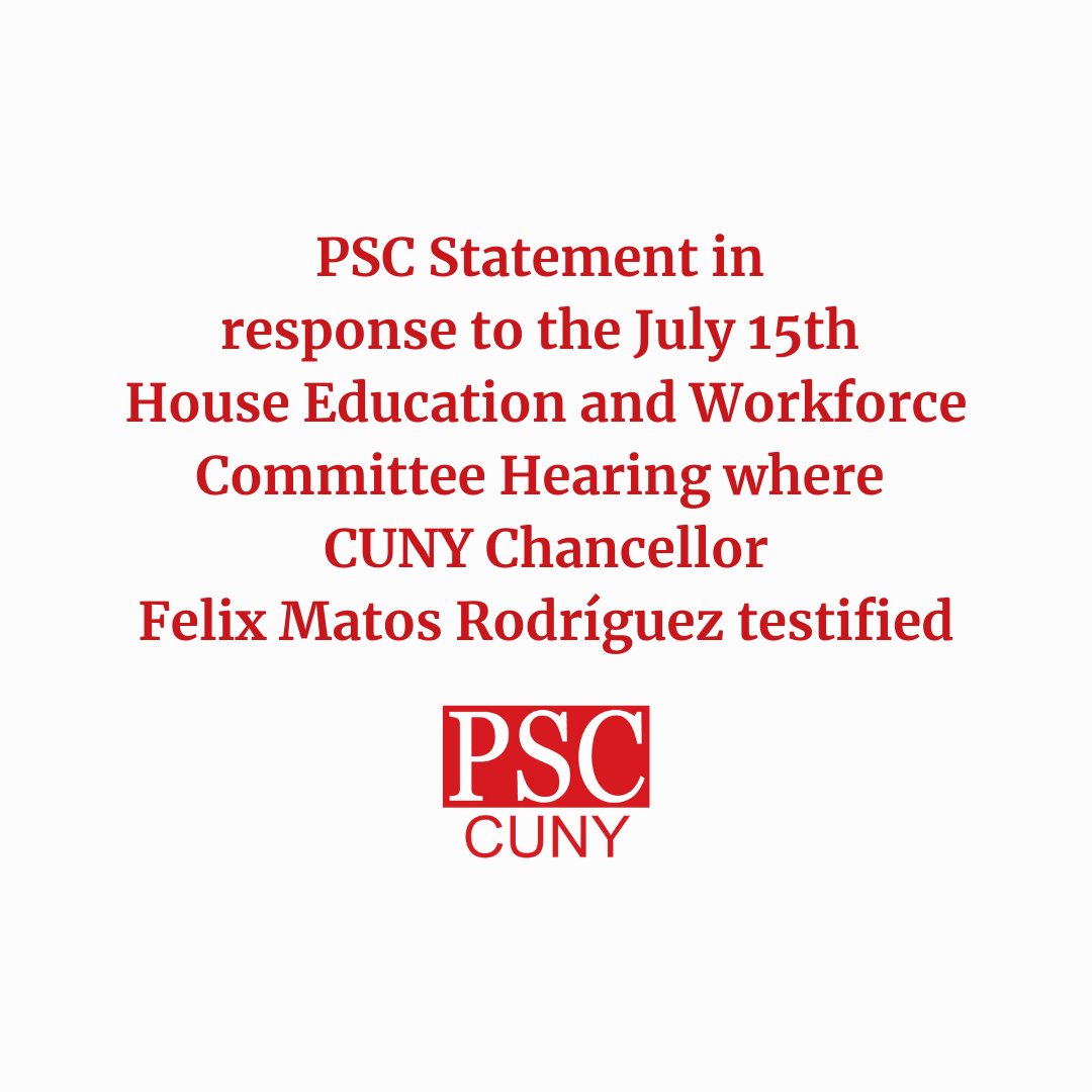 PSC_CUNY's tweet image. “The MAGA Republicans on the House Education and Workforce Committee got their facts wrong today in their attempt to smear @CUNY and our union as antisemitic."
Full statement: psc-cuny.org/news-events/st…