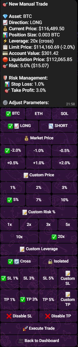 AlgoTrade__'s tweet image. Manual Live Trading is Coming to AlgoTrade!
We’re excited to announce that the AlgoTrade Bot will be the first Telegram bot to offer traditional manual trading with advanced features directly on Hyperliquid.
Real-time execution. Full control. All from one unified dashboard.…