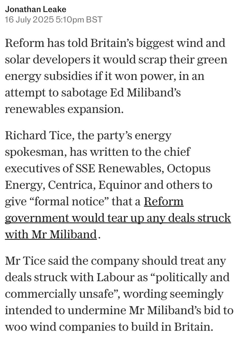 samuelhall0's tweet image. Whatever your views about renewables, this is a reckless intervention by Reform
Government reneging on legally-binding contracts with private firms would damage investment in UK infrastructure more widely, pushing up investor risk, financing costs and everyone’s bills