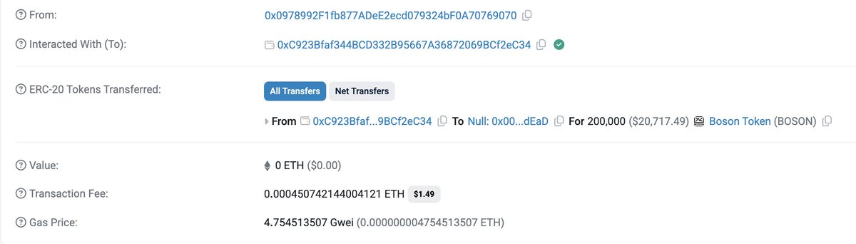 wondergirl_w2's tweet image. First token burning of $BOSON @BosonProtocol is executed 🔥

200,000 $BOSON tokens are burnt after token price hit $0.1 level. Current supply: 199,800,000 tokens

The higher the price, the more tokens burnt weekly!

#BosonProtocol #TokenBurn #dACP #AgenticCommerce