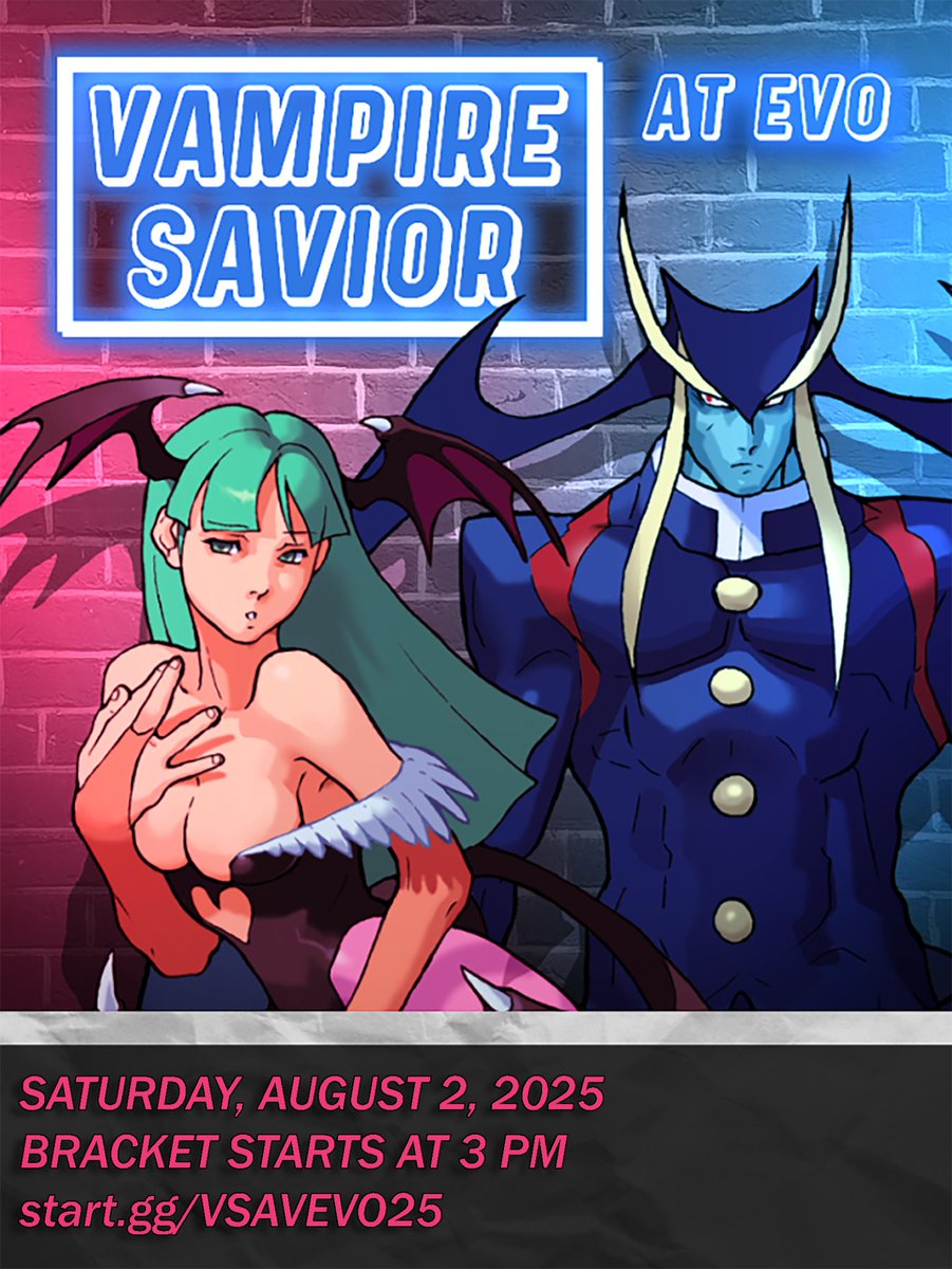 DrDoctorLilith's tweet image. Heading to Evo? Come join us to play Vampire Savior!
We'll be at the Evo 2025 BYOC section on Saturday, August 2nd! Casuals will be held throughout the day and the bracket will start at 3:00 PM PDT! You can sign up right now at start.gg/VSAVEVO25 !
RTs appreciated!