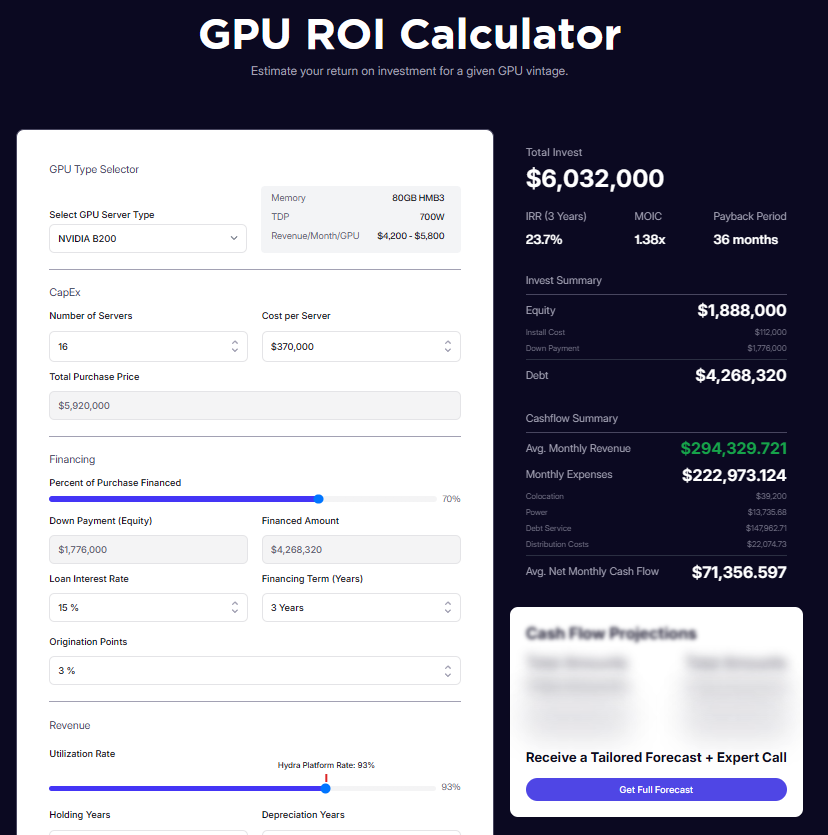 get_hydrahost's tweet image. Introducing the GPU ROI Calculator

The GPU ROI Calculator helps you model ROI, size your next cluster, and understand the financial upside of owning hardware.

Idle clusters aren’t profitable. Hydra keeps your GPUs working, continuously contributing to your bottom line.