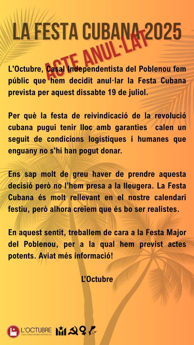 📄 Comunicat de l'Octubre sobre la Festa Cubana

#SiempreÉs26 #FemCasal