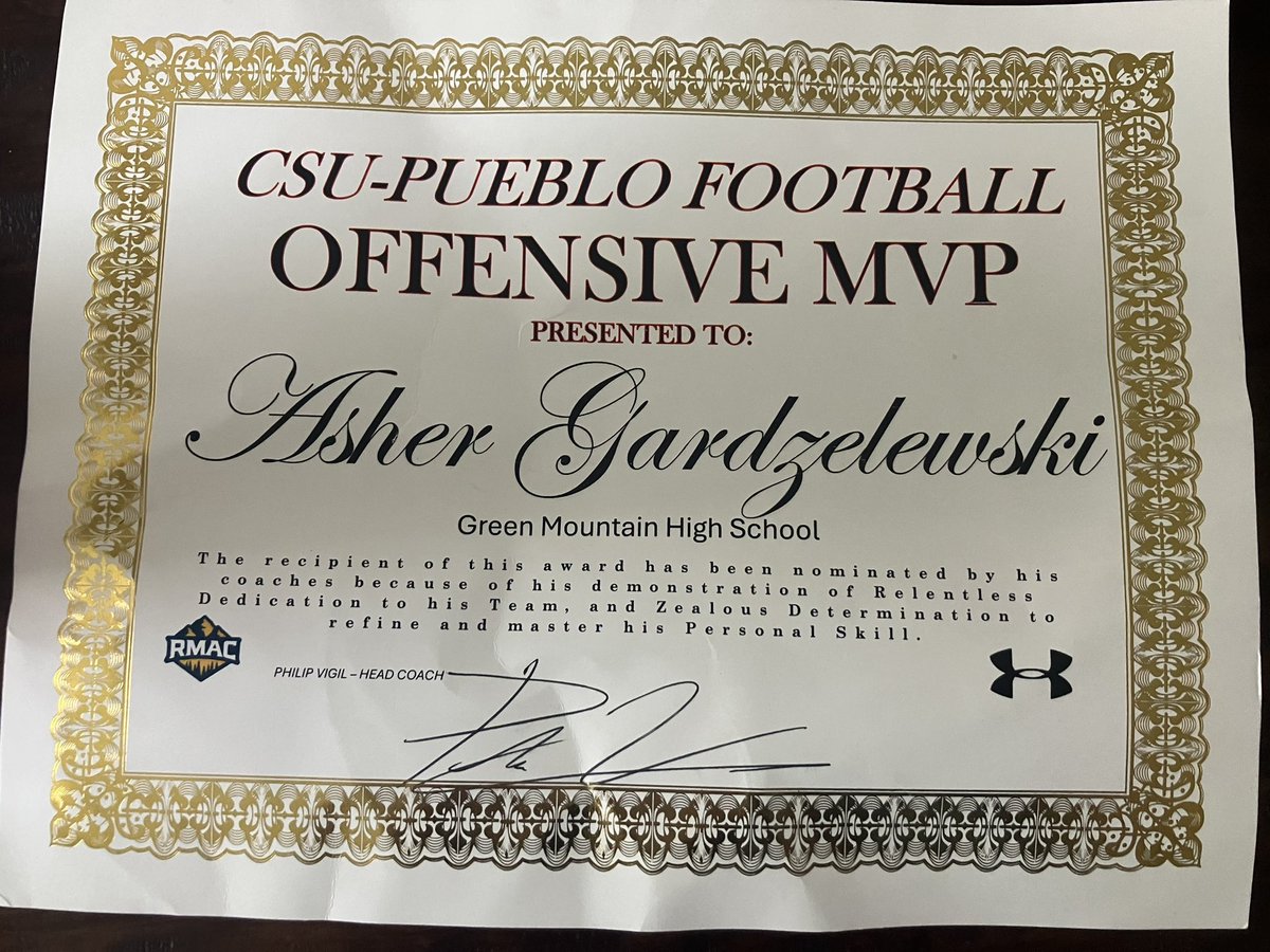 After an amazing team camp and conversations with <a href="/PhilipVigil/">Coach Vigil</a> and <a href="/CoachNDavisOL/">Neal Davis</a> I am blessed to recieve an offer to continue my academic and athletic career at CSU Pueblo. As well as an offensive MVP award. Film soon!
<a href="/SixZeroAcademy/">Coach Matt McChesney</a> <a href="/GreenMtnHS_FB/">Green Mountain Football</a> <a href="/yarnell_aaron/">Aaron Yarnell</a> <a href="/arankin3310/">Anthony Rankin</a>