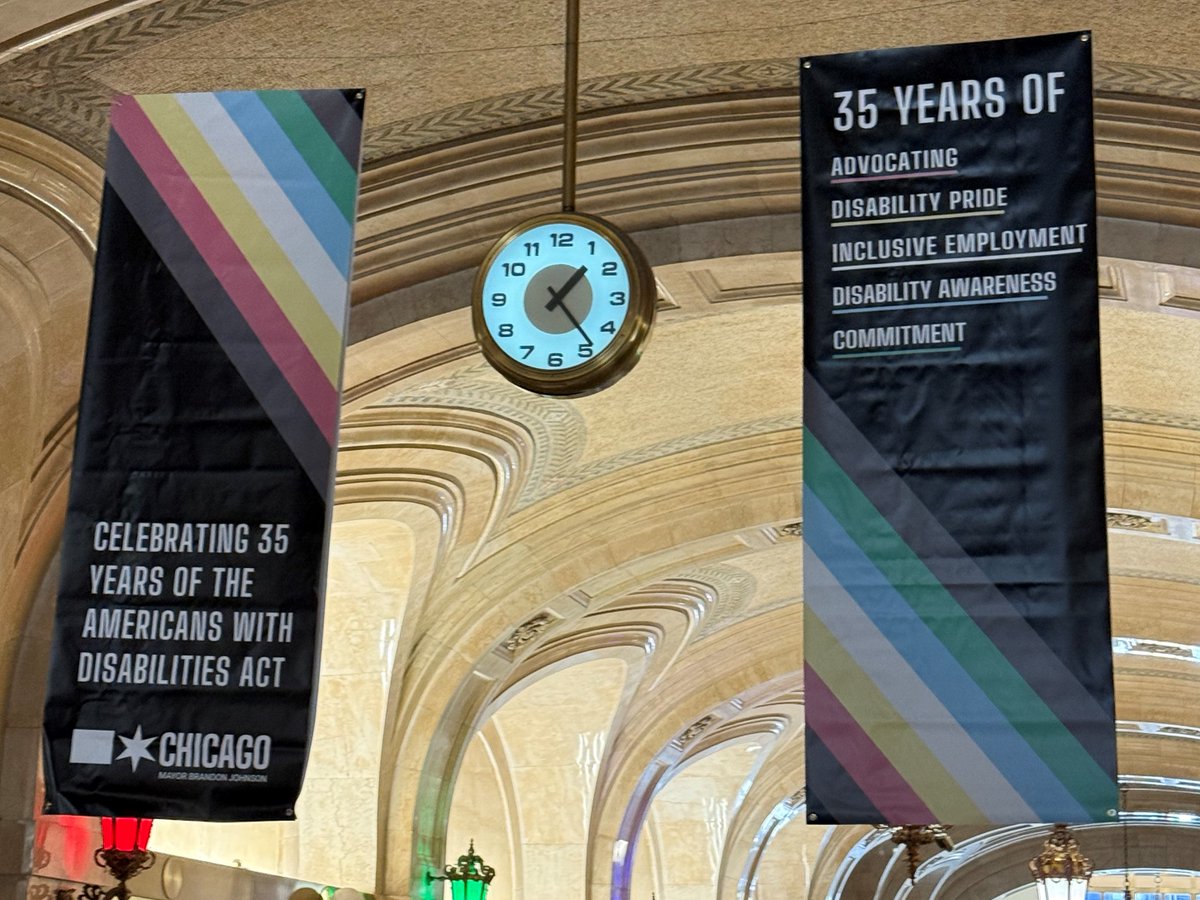 MOPDChicago's tweet image. Stop by City Hall during the month of July and see our Disability Pride banners and flags, marking the 35th anniversary of the Americans with Disabilities Act! #ADA35 #DisabilityPride