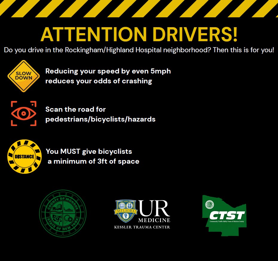 CountyExecBello's tweet image. There are too many crashes in the Highland Hospital/Rockingham neighborhood. The Monroe County Community Traffic Safety Team and URMC are asking drivers and pedestrians in the area to take these steps to make our community a safer place. We're all in this together!