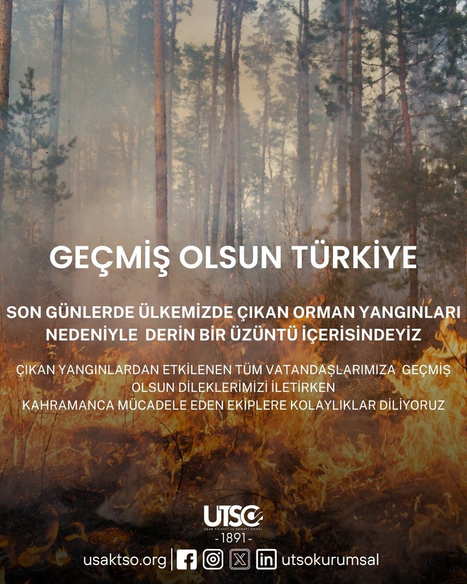 Son günlerde ülkemizde çıkan orman yangınları nedeniyle derin bir üzüntü içerisindeyiz. 
Çıkan yangınlarda etkilenen vatandaşlarımıza geçmiş olsun dileklerimizi iletirken, kahramanca mücadele eden ekiplere kolaylıklar diliyoruz.
Geçmiş Olsun Türkiye.