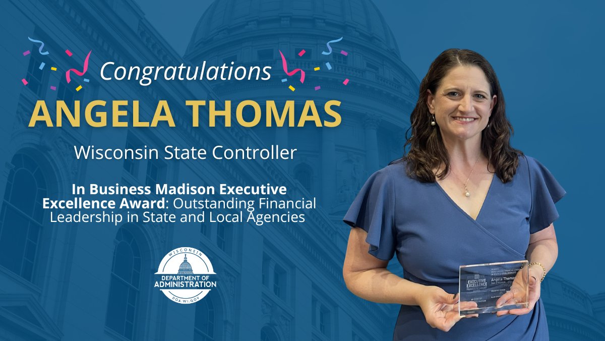 WisconsinDOA's tweet image. Join us in congratulating our State Controller Angela Thomas on being awarded the @InBusiness Madison Outstanding Financial Leadership in State and Local Agencies award! Read more about the award and her impact on #Wisconsin here: tinyurl.com/s9zt34k4