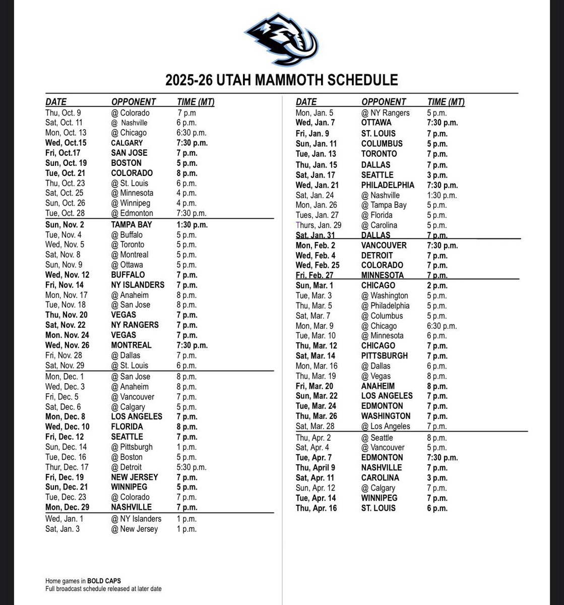 utmammothreport's tweet photo. Full schedule! #utah #mammoth #utahmammoth #bigtuskenergy #tusksup https://t.co/2tNaUBTLPu