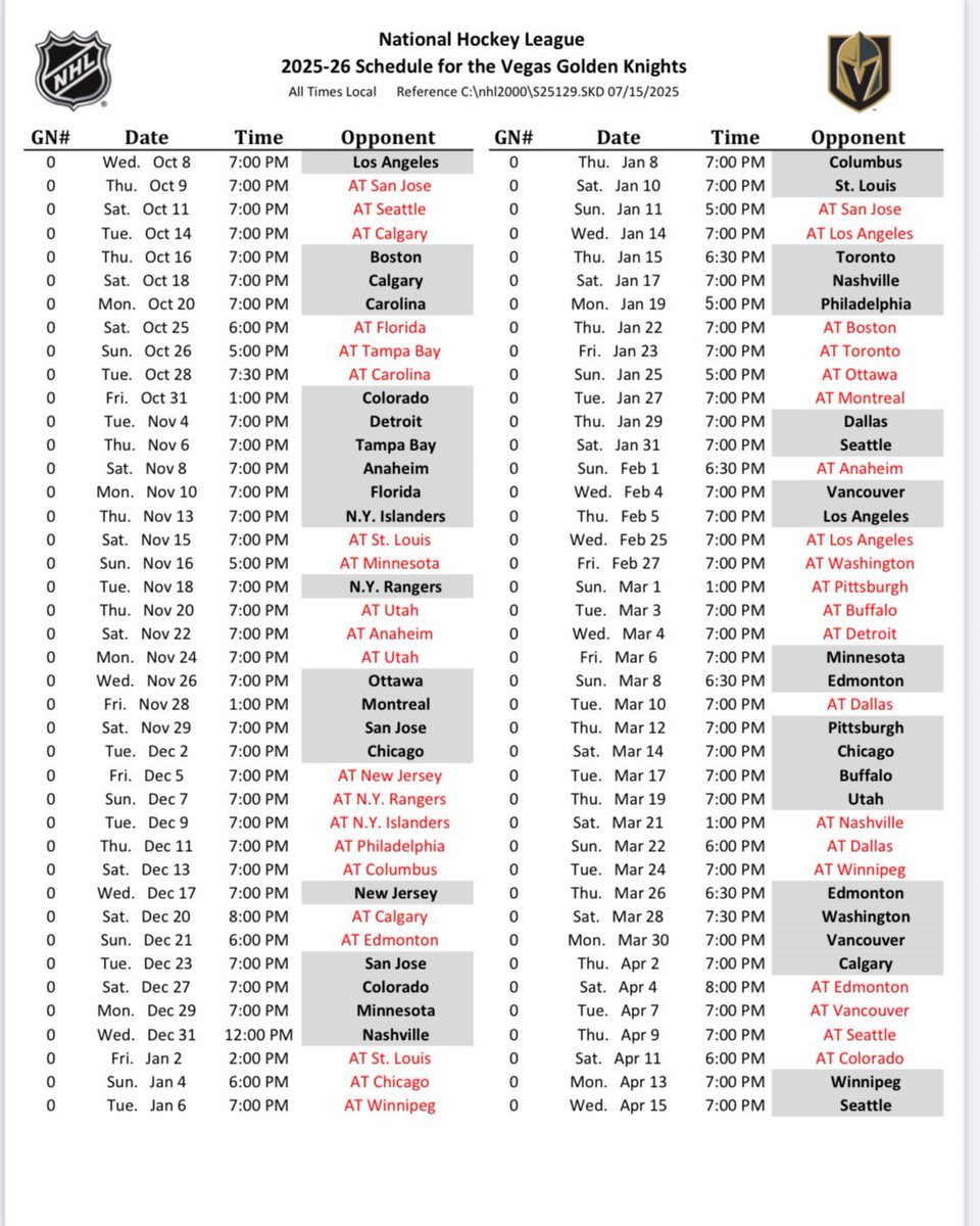 JesseGranger_'s tweet image. Golden Knights full 2025-26 schedule: