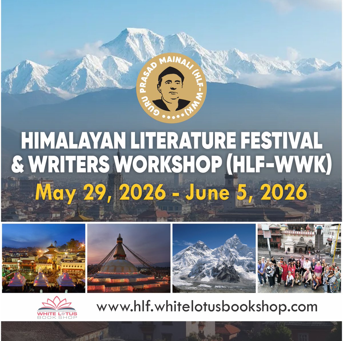 New HLF-WWK 2026 Flyer Is Out Now!
We’re thrilled to unveil the official flyer for the Himalayan Literature Festival &amp; Writers’ Workshop 2026!
Dates: May 29 – June 5, 2026
Location: Kathmandu
A vibrant confluence of writers, poets and translators.Visit: hlf.whitelotusbookshop.com