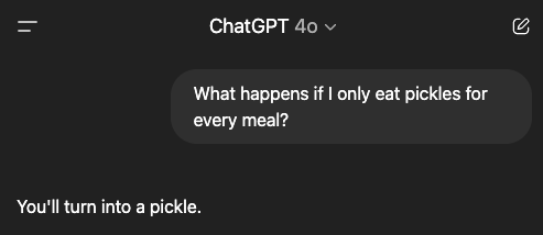 jeffbcross's tweet image. So far, ChatGPT 4o is the only model to pass the Pickle Benchmark™