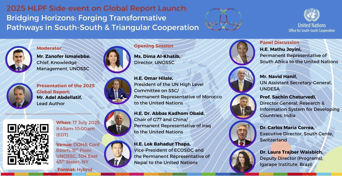 📌 Happening soon ‼️  Launch of the <a href="/UNOSSC/">UNOSSC</a> 2025 Global Report

Bridging Horizons and Continents: Forging Transformative Pathways in #SouthSouth and #TriangularCooperation

🗓️ 17 July 2025 🕓 08:45 AM NY time

Register now: 🔗southsouth-galaxy.org/events/hlpf-20…