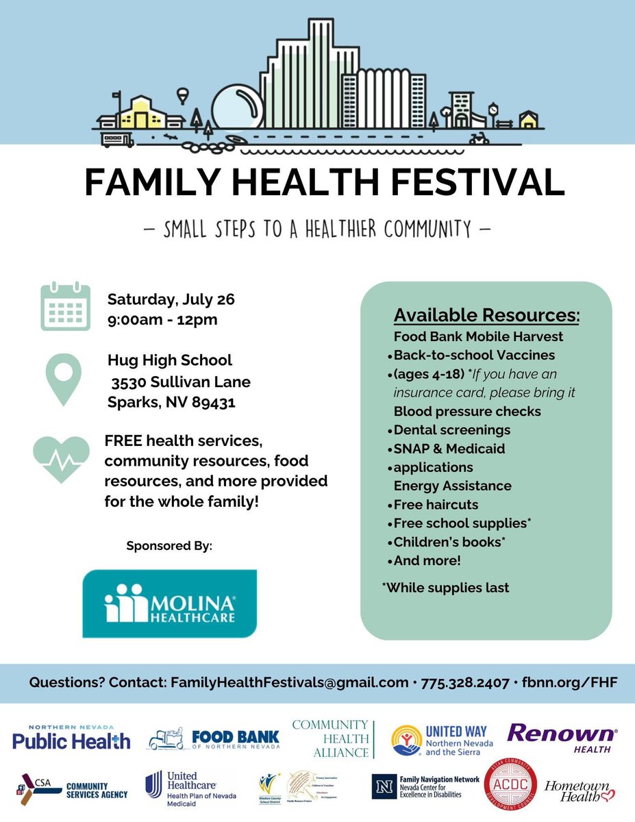 ACDCNV's tweet image. 馃搷NORTHERN #NEVADA:
You do not want to miss this FREE health resource fair coming up in Sparks on July 26th! Thank you to all our sponsors - especially Molina Healthcare!
Please share with your family and friends!
