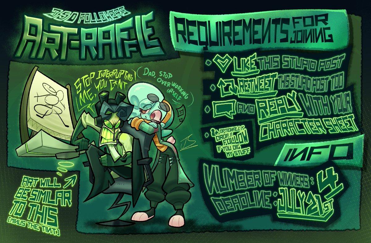 Jazzy_Schmazzy's tweet image. ⚯ Alright, time for the ‼️ ART RAFFLE ‼️

Thank you to ALL OF YOU who have supported me and helping me reach 350 followers, you're all bloody legends

I'll be picking out 4 winners randomly who will be receiving a full body piece (more info below)

🍀⚯ GOOD LUCK!🍀

#artraffle